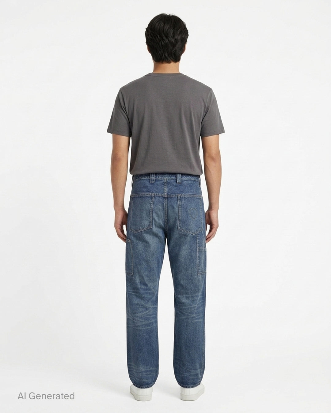 Human Made slim denim pants in a washed mid-indigo finish, shown front-facing with button fly and contrast topstitching - back