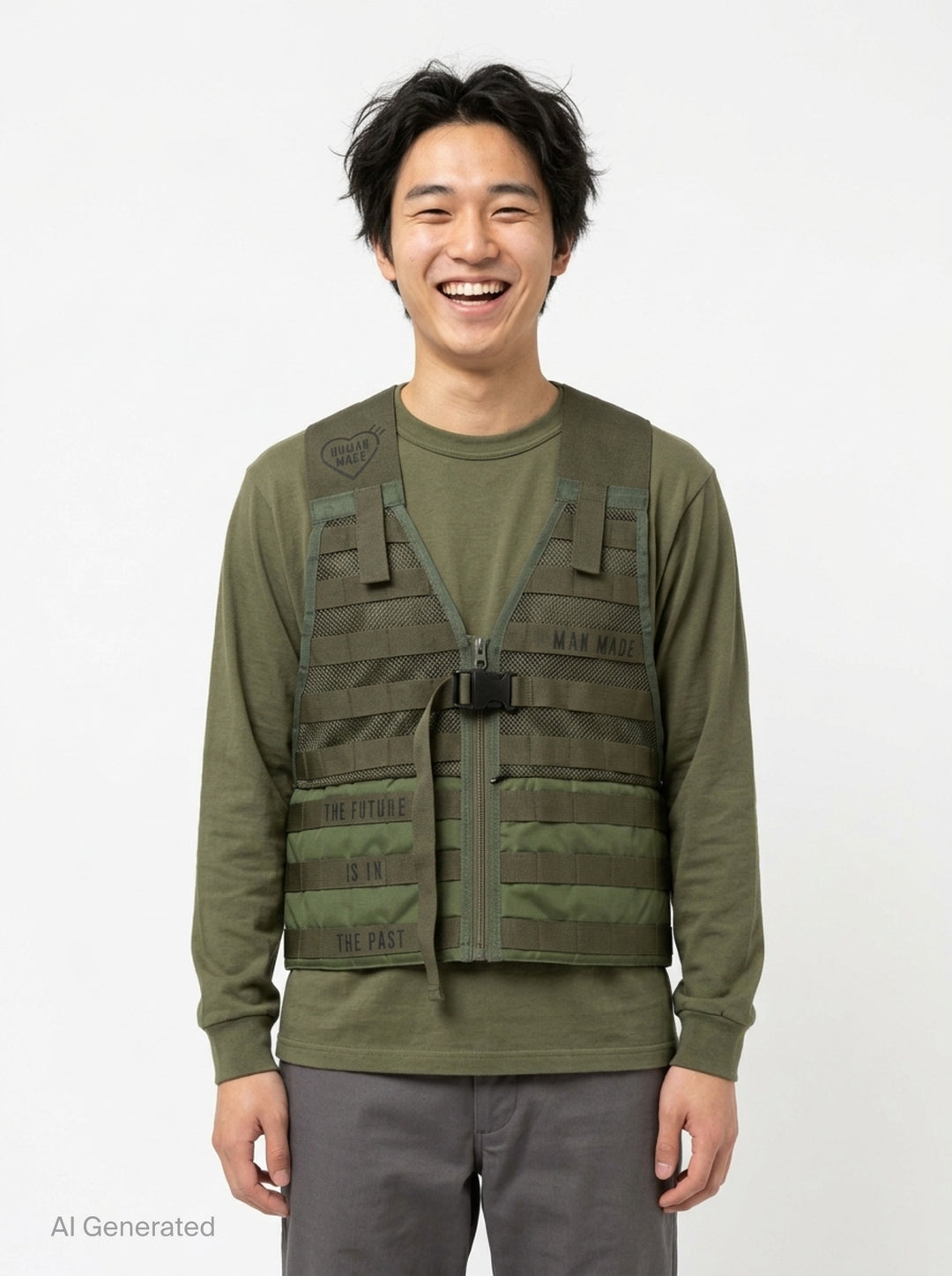 Human Made Tactical Military Vest in olive green featuring MOLLE webbing, mesh ventilation panels, centre-front zip, quick-release buckle, and 'The Future Is In The Past' slogan print - front