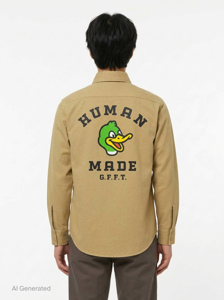 Human Made Twill Epaulette Long Sleeve Shirt in khaki cotton twill, featuring epaulette shoulders, twin flap chest pockets, button-down front placket, and a woven Human Made branding patch on the chest - back