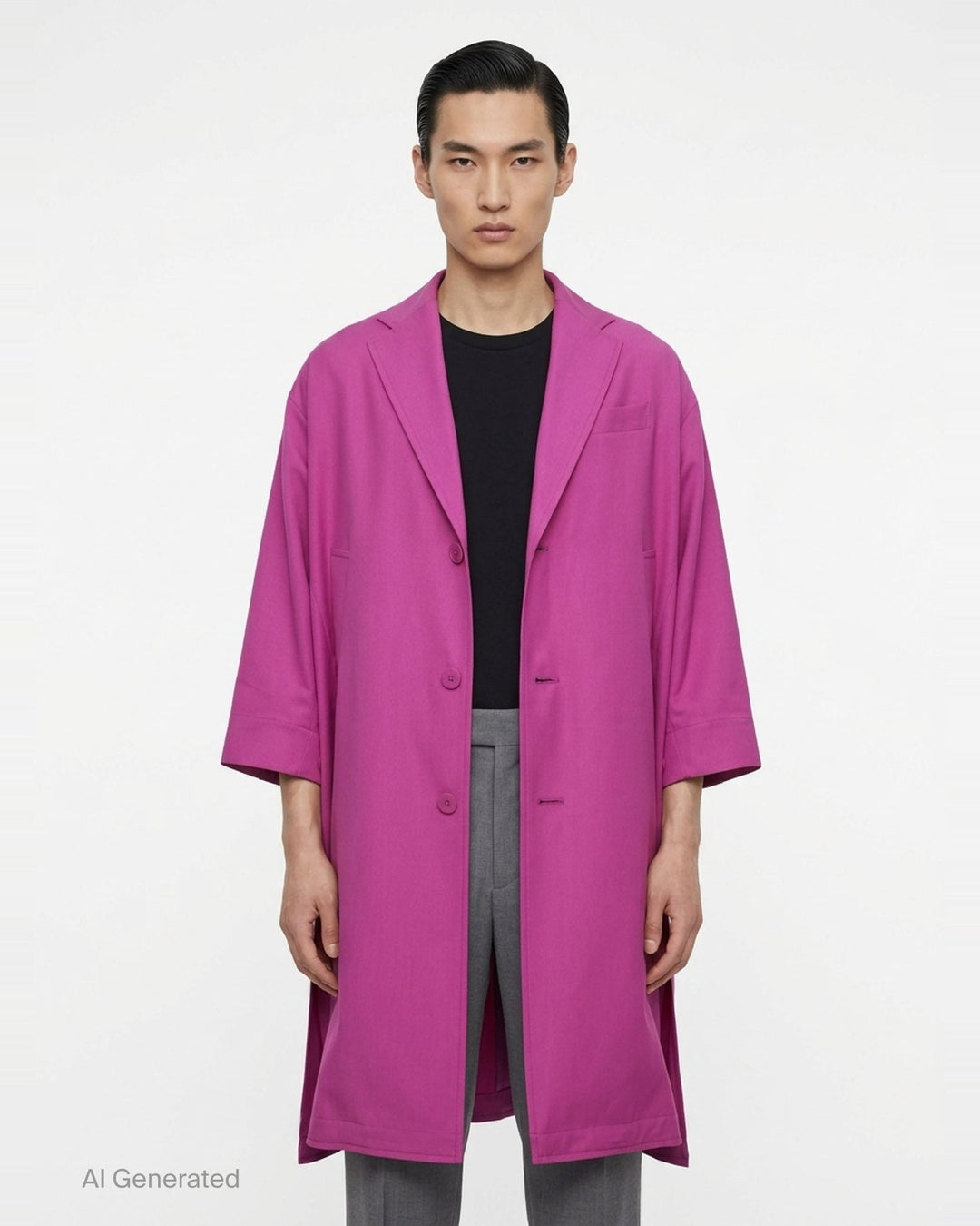 IM Men Breeze Drape Coat in black — oversized A-line silhouette with notched lapels, two-button closure, patch pockets, three-quarter sleeves, and hem zip vents - front