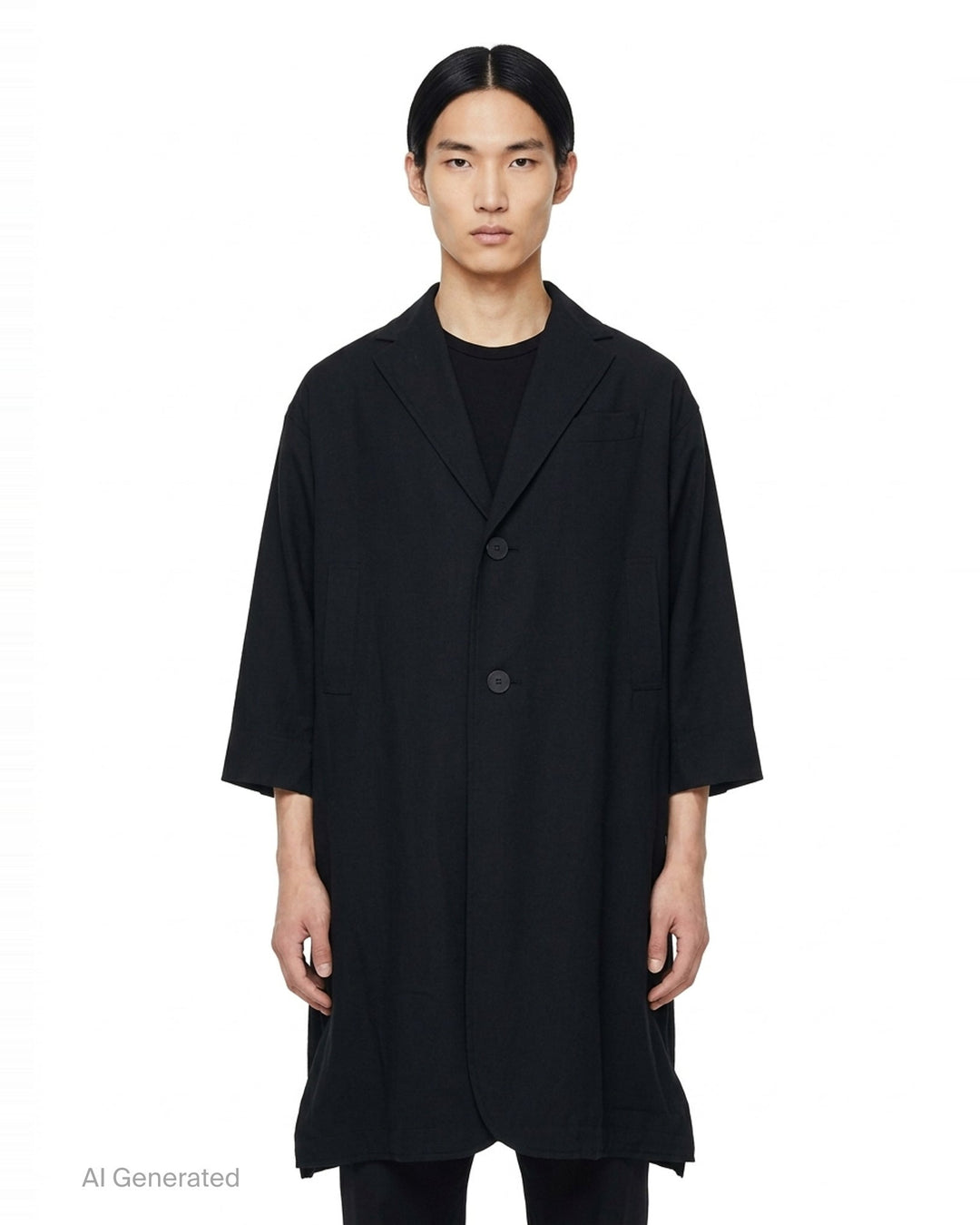 IM Men Breeze Drape Coat in black — oversized A-line silhouette with notched lapels, two-button closure, patch pockets, three-quarter sleeves, and hem zip vents - front
