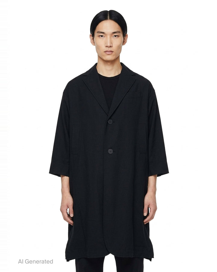 IM Men Breeze Drape Coat in black — oversized A-line silhouette with notched lapels, two-button closure, patch pockets, three-quarter sleeves, and hem zip vents - front