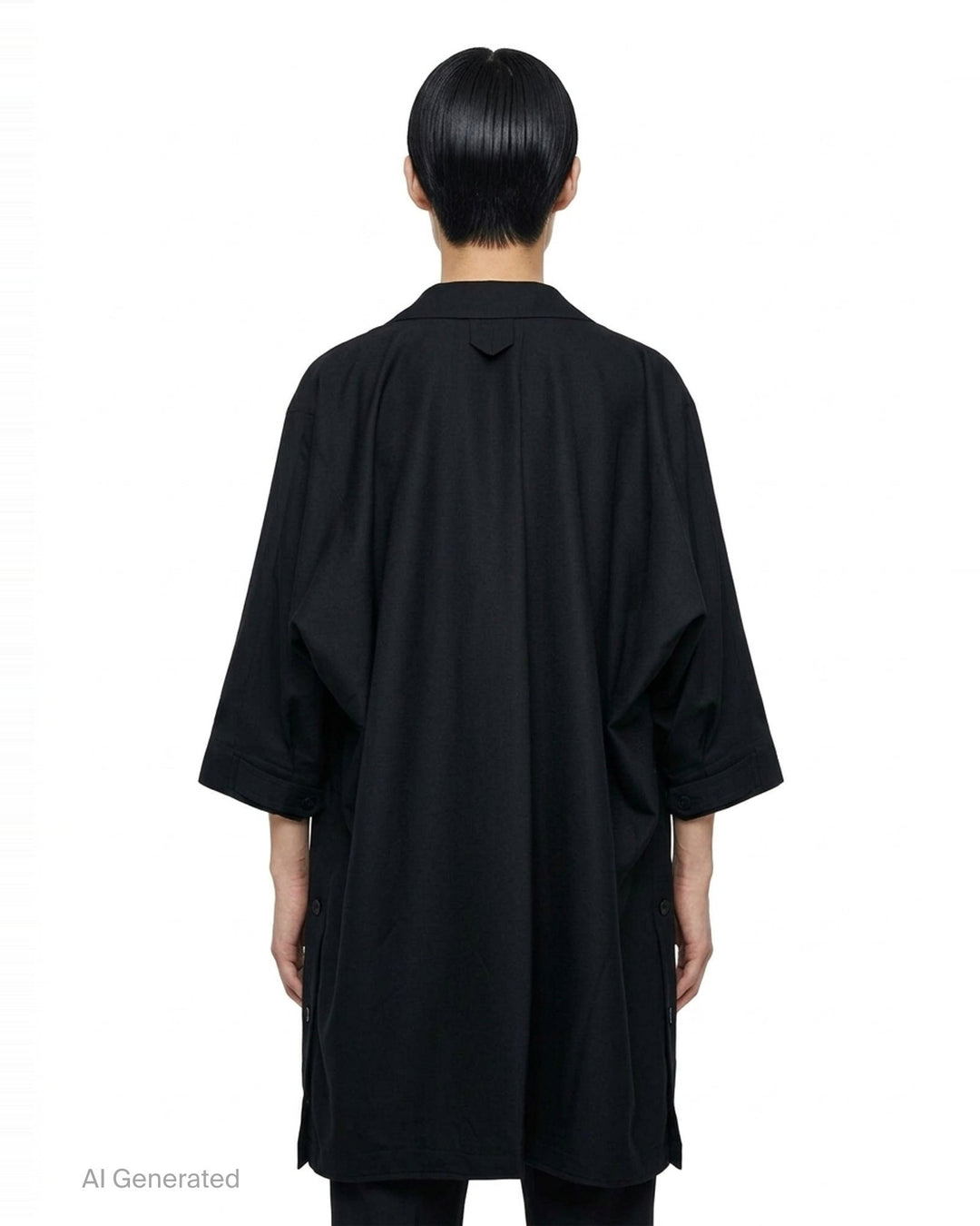 IM Men Breeze Drape Coat in black — oversized A-line silhouette with notched lapels, two-button closure, patch pockets, three-quarter sleeves, and hem zip vents - back