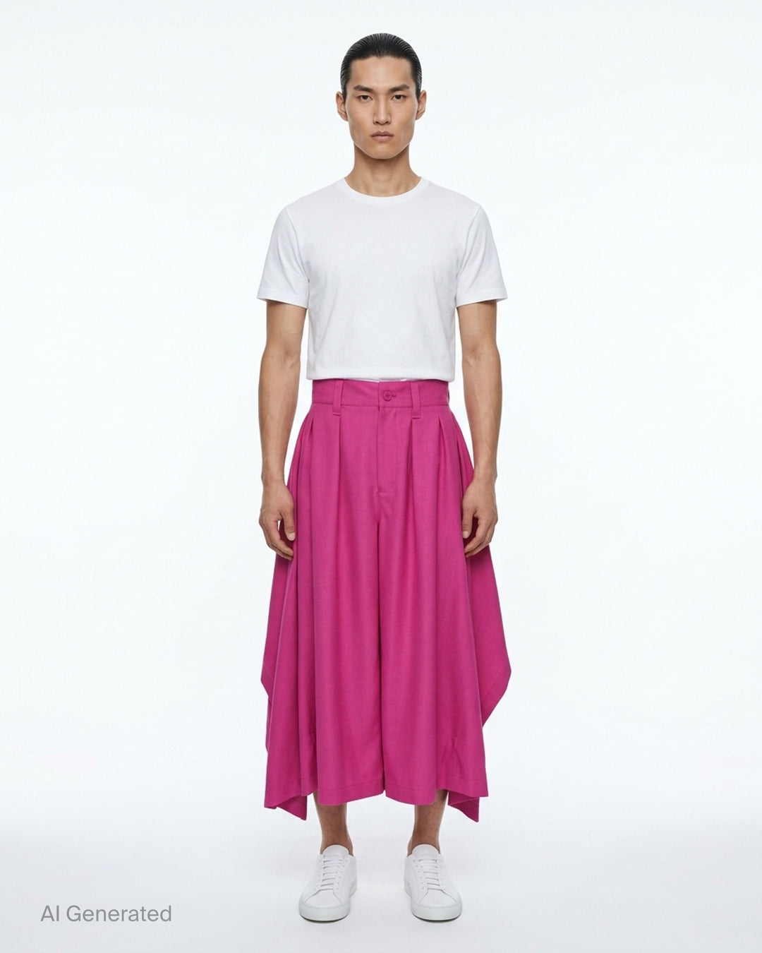 IM MEN Breeze Drape Woven Pants in fuchsia pink — high-waisted pleated wide-leg trousers with dramatic asymmetric draped fabric panels, shown flat on white background - front