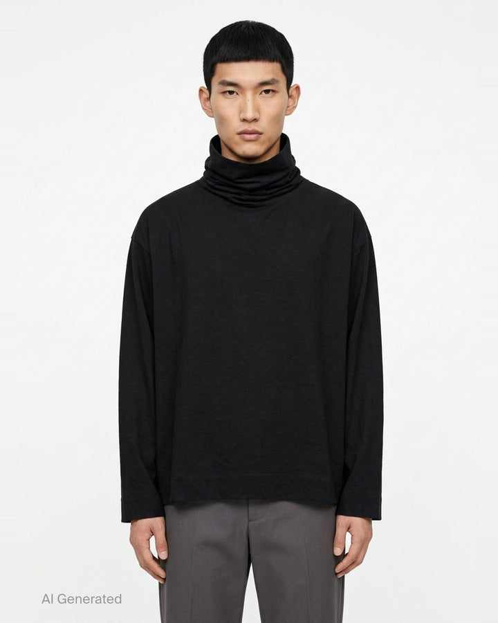 IM MEN Cotton Yak oversized long sleeve top in black with a dramatic gathered funnel neck, flat lay on white background - front