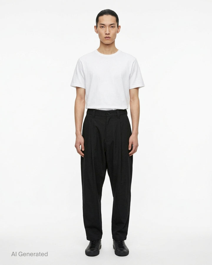 IM Men Cotton Yak Woven Pants in black — high-rise pleated drop-crotch trousers with a cropped tapered hem, front view on white background - front