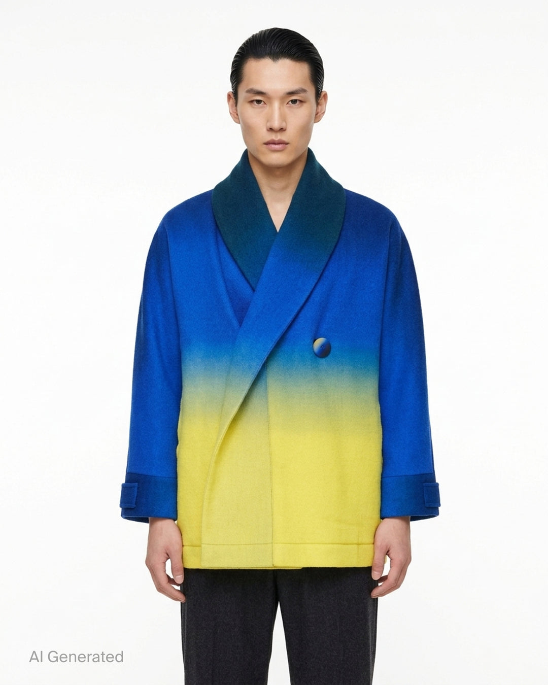 IM Men Dawn blouson in a blue-to-yellow gradient with an oversized shawl collar, wrap front and single large button, shown front-on - front