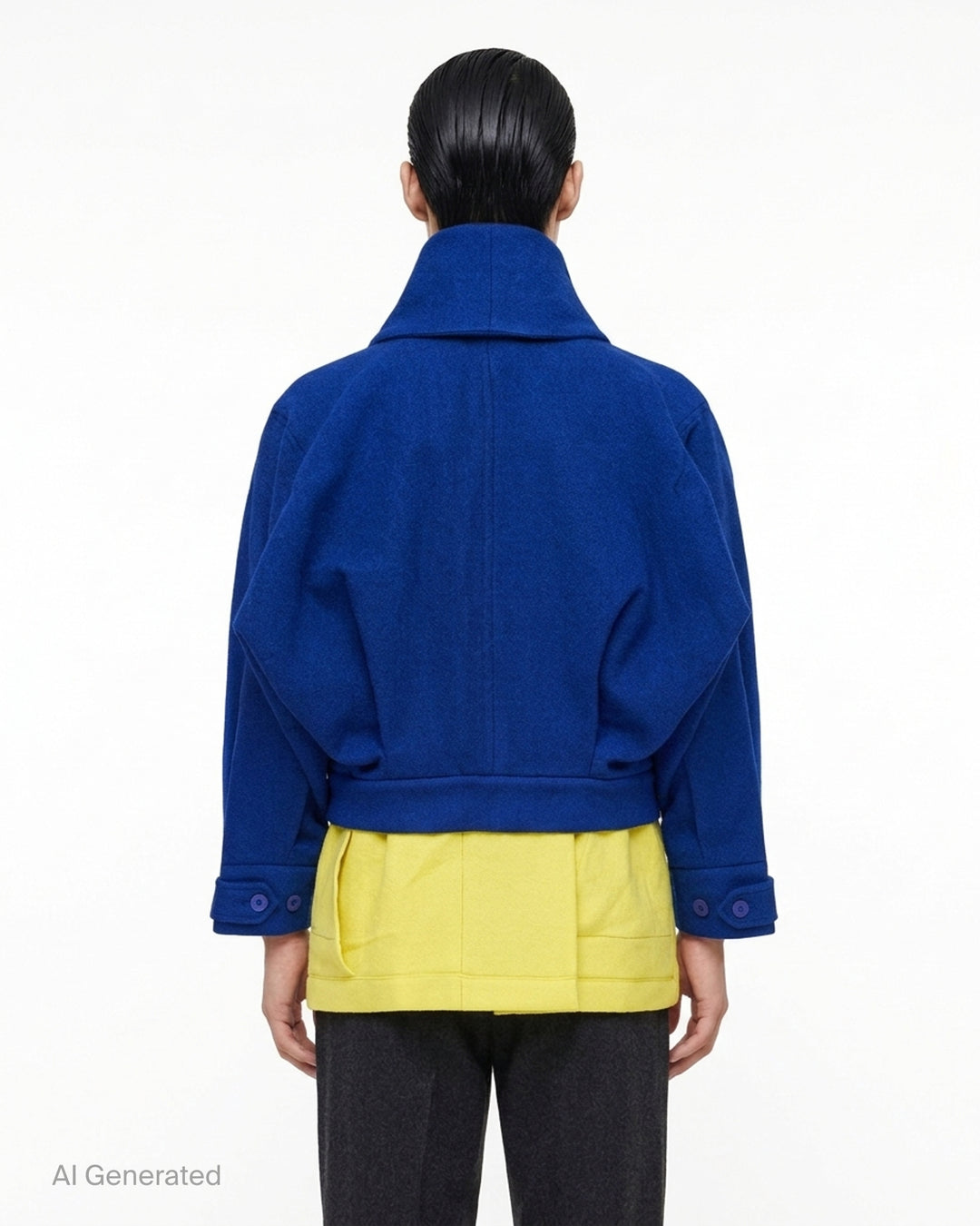 IM Men Dawn blouson in a blue-to-yellow gradient with an oversized shawl collar, wrap front and single large button, shown front-on - back