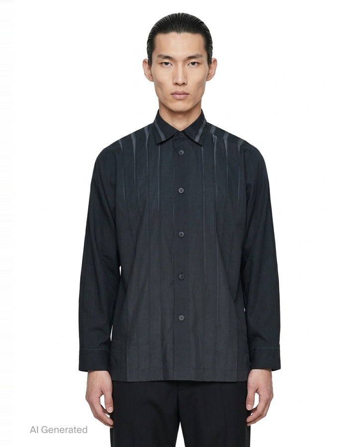 IM MEN Dawn Ray long sleeve shirt in deep charcoal with tonal vertical ray seaming, oversized silhouette, spread collar, and button-front placket - front