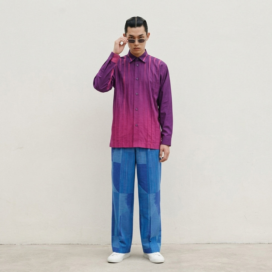IM MEN Dawn Ray long sleeve shirt in deep charcoal with tonal vertical ray seaming, oversized silhouette, spread collar, and button-front placket - lifestyle
