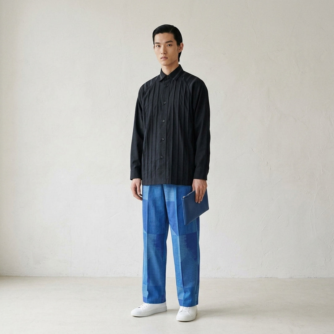 IM MEN Dawn Ray long sleeve shirt in deep charcoal with tonal vertical ray seaming, oversized silhouette, spread collar, and button-front placket - lifestyle