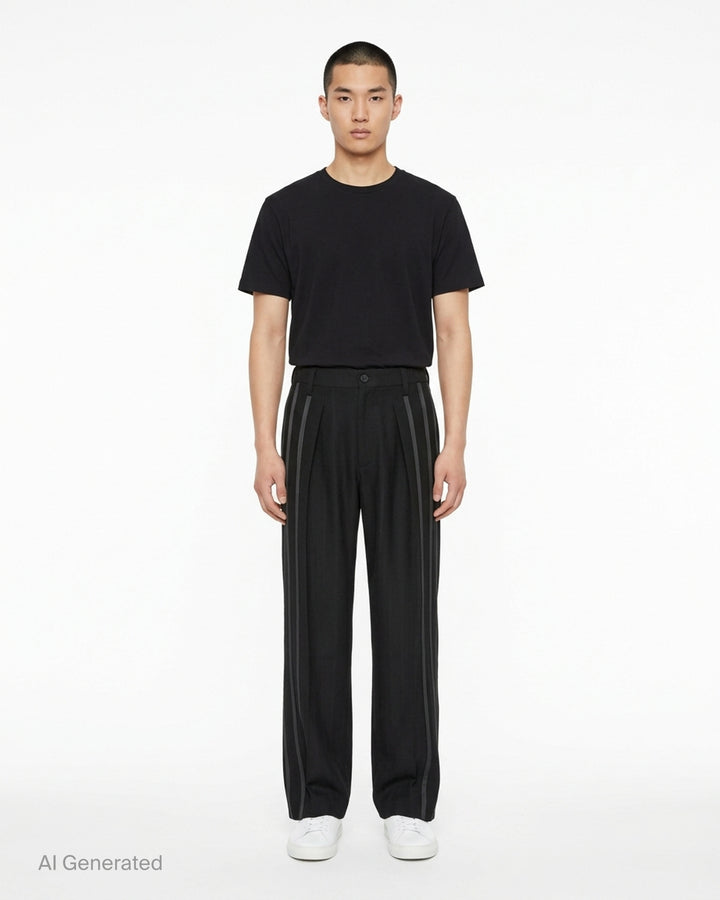 IM Men Dawn Ray black woven wide-leg pants with tonal contrast stripes running down both legs and a pleated front, flat lay on white background - front