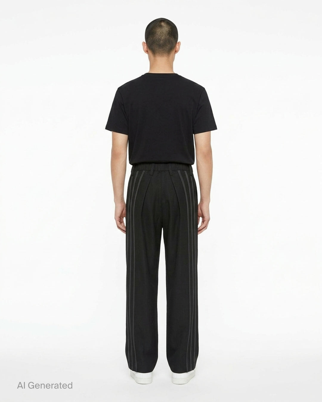 IM Men Dawn Ray black woven wide-leg pants with tonal contrast stripes running down both legs and a pleated front, flat lay on white background - back