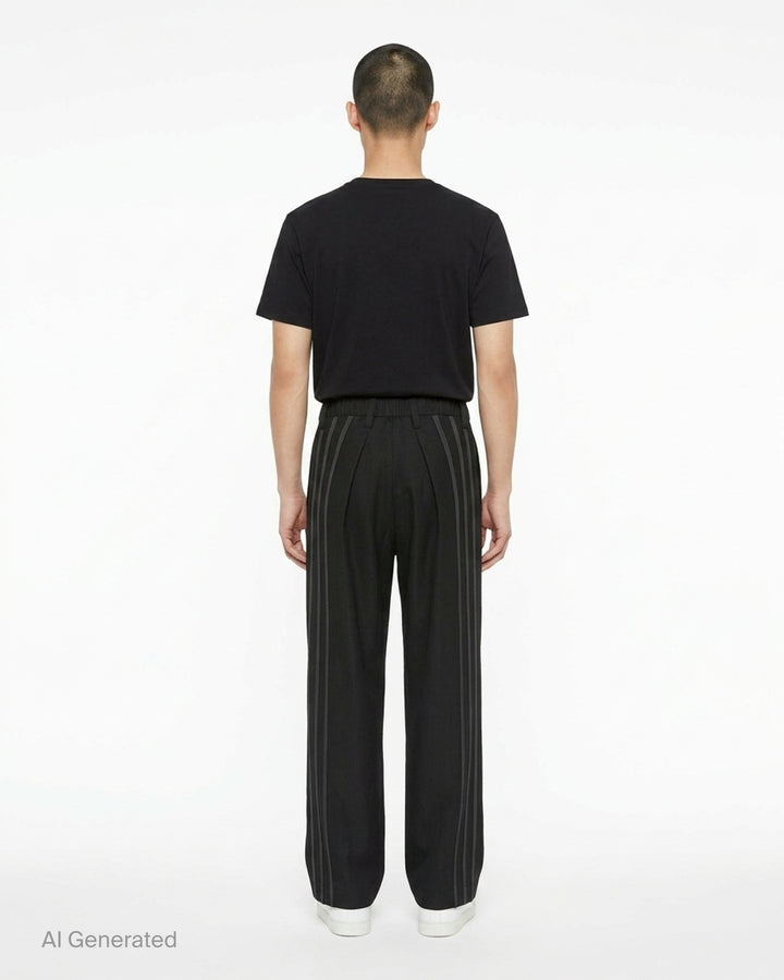 IM Men Dawn Ray black woven wide-leg pants with tonal contrast stripes running down both legs and a pleated front, flat lay on white background - back
