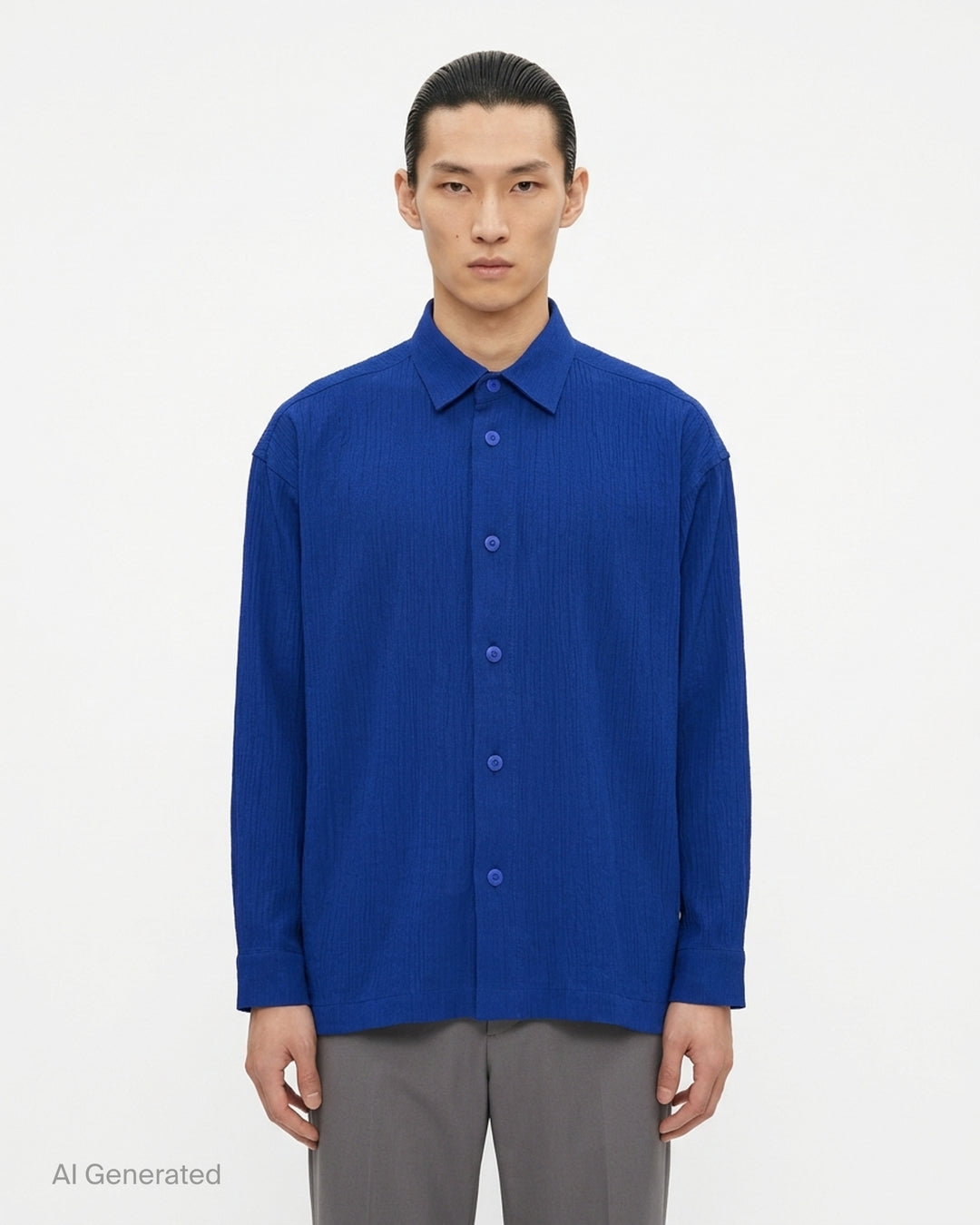 IM Men Double Weave Crepe long sleeve shirt in cobalt blue with textured crepe fabric, pointed collar and matching tonal buttons - front