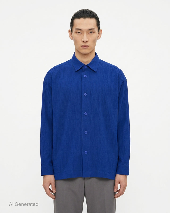 IM Men Double Weave Crepe long sleeve shirt in cobalt blue with textured crepe fabric, pointed collar and matching tonal buttons - front