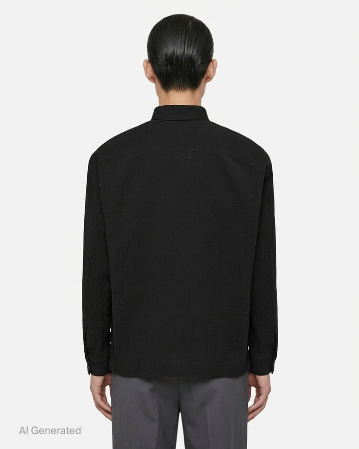 IM Men Double Weave Crepe long sleeve shirt in cobalt blue with textured crepe fabric, pointed collar and matching tonal buttons - back