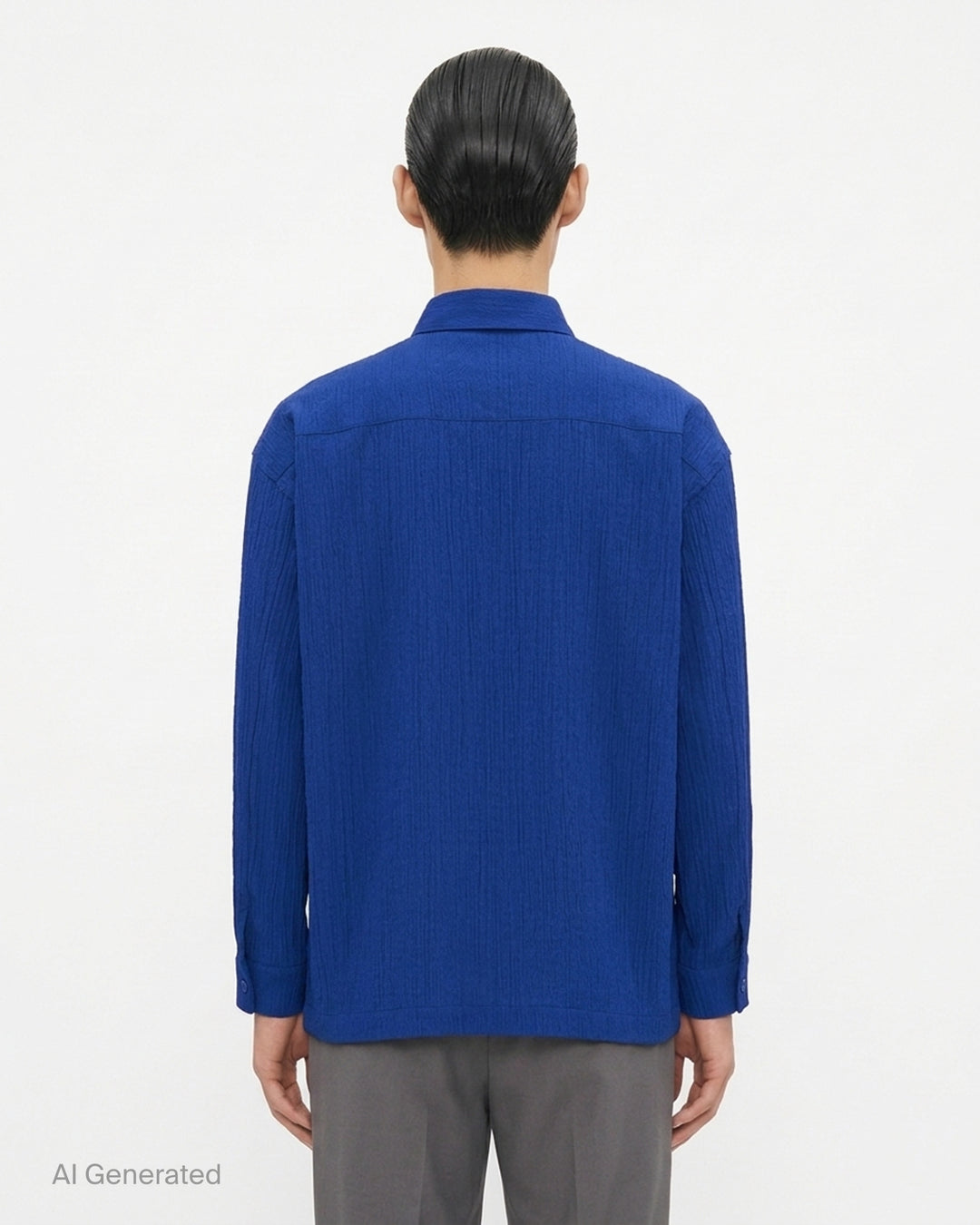 IM Men Double Weave Crepe long sleeve shirt in cobalt blue with textured crepe fabric, pointed collar and matching tonal buttons - back
