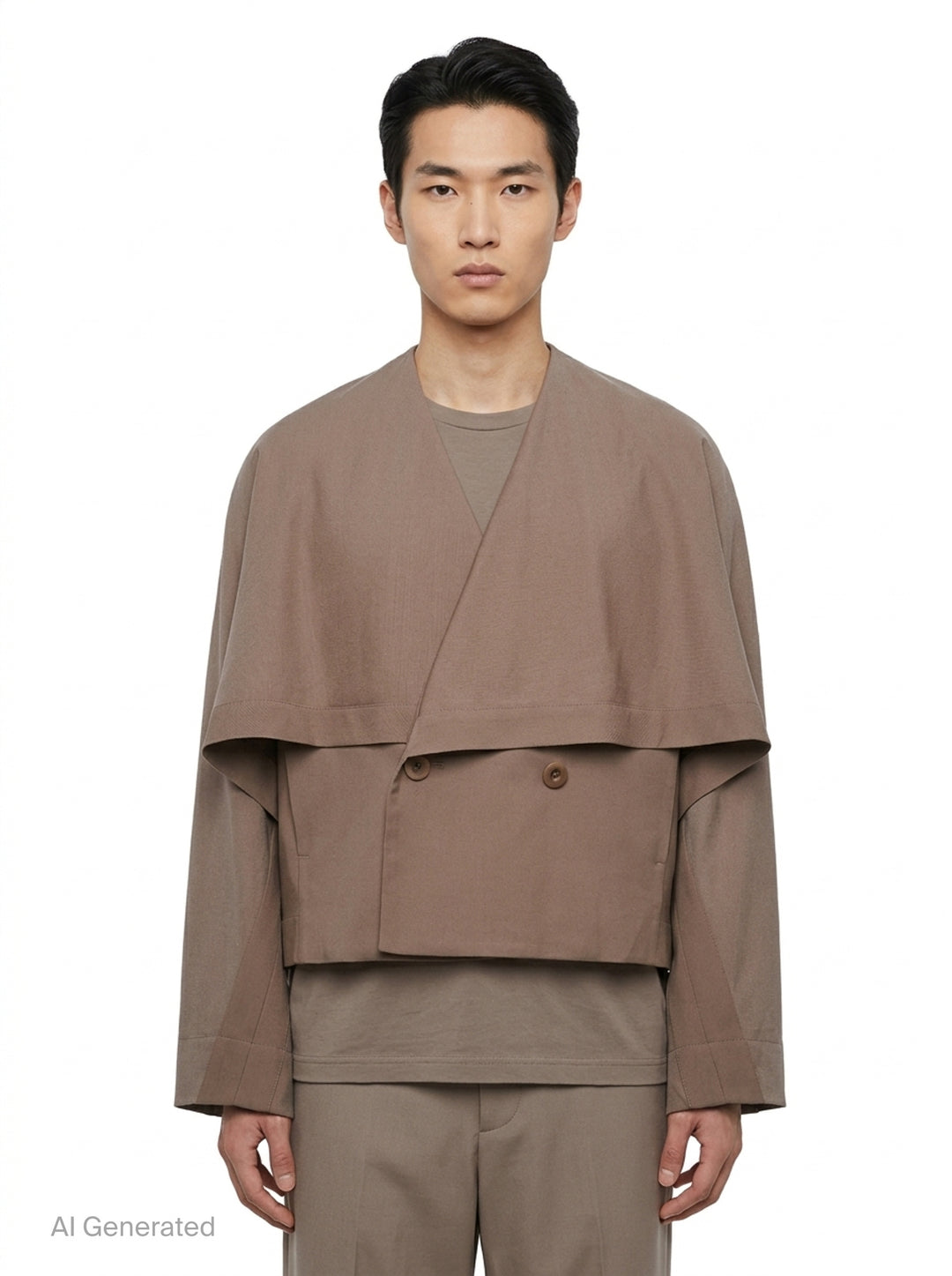 IM MEN Front Back cropped jacket in taupe with a cape overlay, V-neckline, double-button fastening, and wide draped sleeves - front