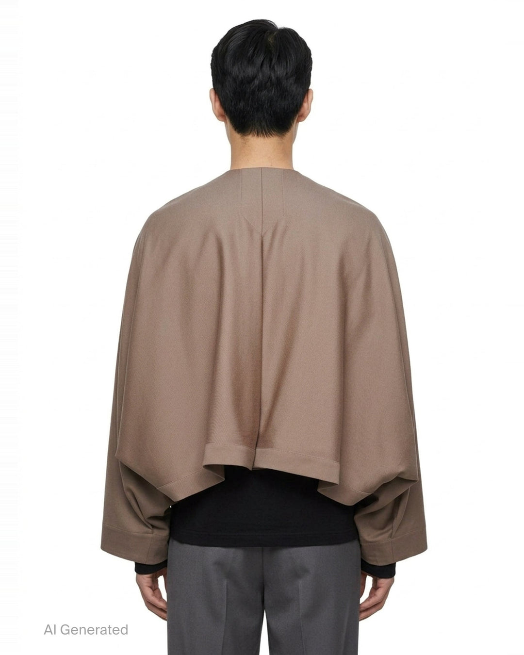 IM MEN Front Back cropped jacket in taupe with a cape overlay, V-neckline, double-button fastening, and wide draped sleeves - back