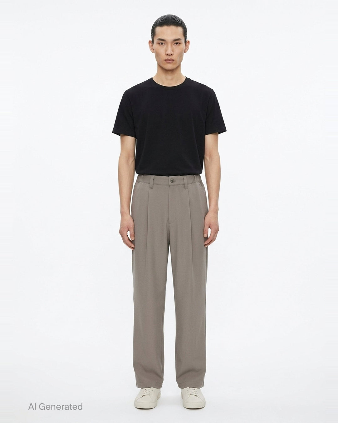 IM MEN FRONT BACK Woven Pants in taupe — relaxed wide-leg silhouette with double-pleat front, button waistband, and clean hemline, front view - front