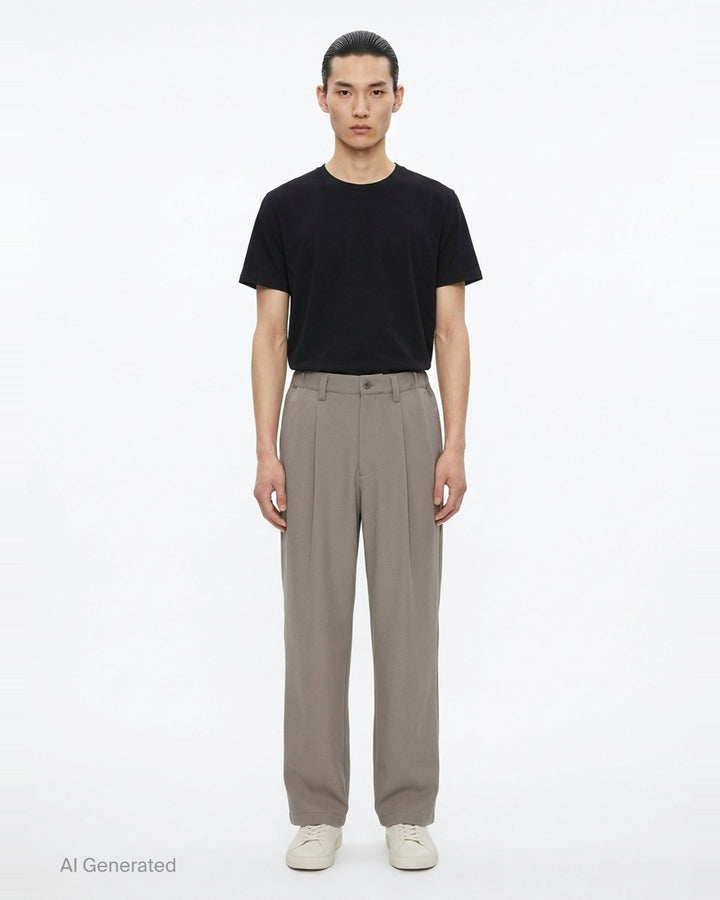 IM MEN FRONT BACK Woven Pants in taupe — relaxed wide-leg silhouette with double-pleat front, button waistband, and clean hemline, front view - front