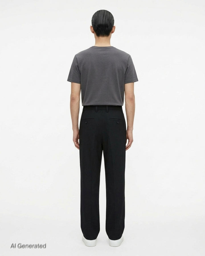 IM MEN FRONT BACK Woven Pants in taupe — relaxed wide-leg silhouette with double-pleat front, button waistband, and clean hemline, front view - back