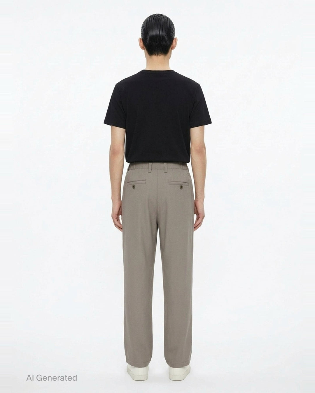 IM MEN FRONT BACK Woven Pants in taupe — relaxed wide-leg silhouette with double-pleat front, button waistband, and clean hemline, front view - back