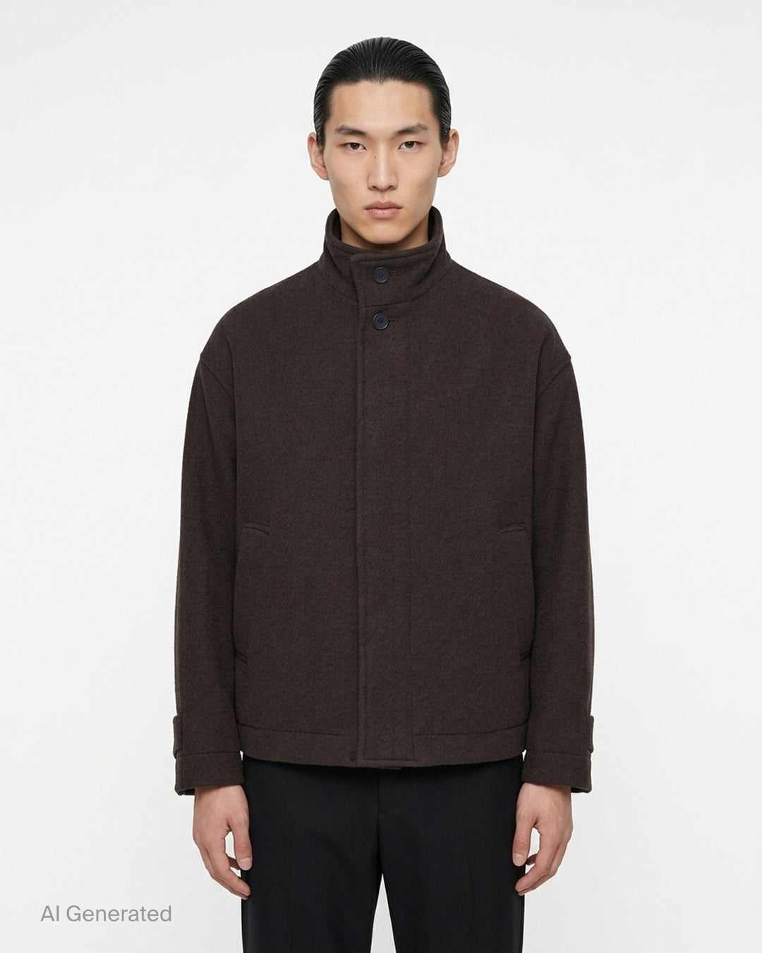 IM MEN Fuller Wool Blouson in black with stand collar, concealed button placket and slanted welt pockets, shown from the front - front
