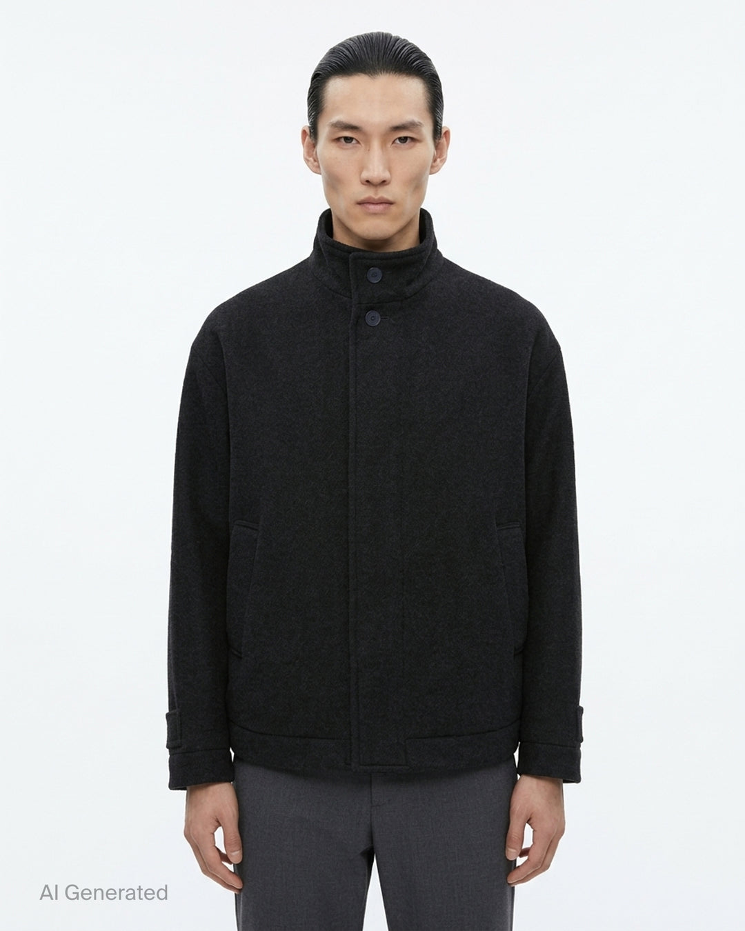 IM MEN Fuller Wool Blouson in black with stand collar, concealed button placket and slanted welt pockets, shown from the front - front
