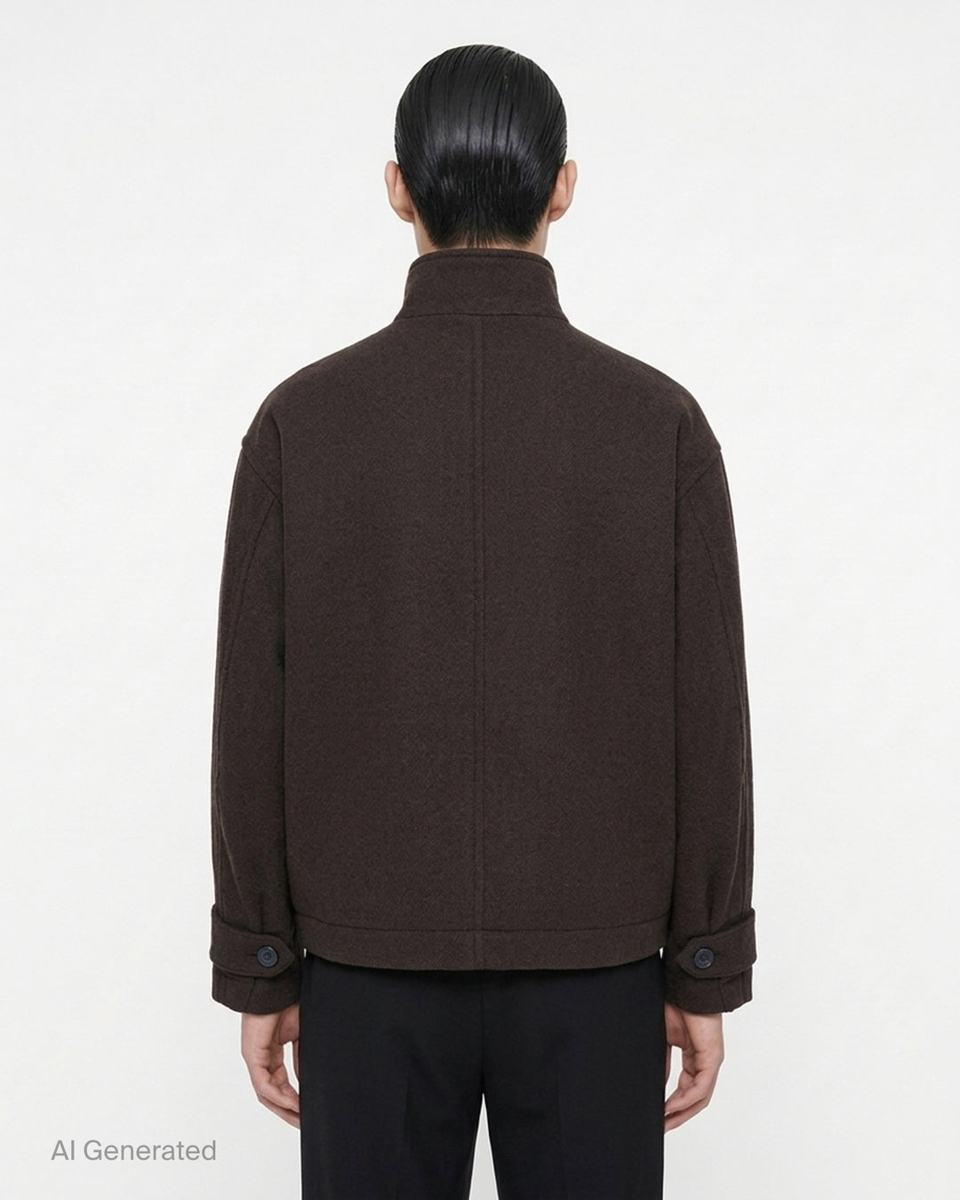 IM MEN Fuller Wool Blouson in black with stand collar, concealed button placket and slanted welt pockets, shown from the front - back
