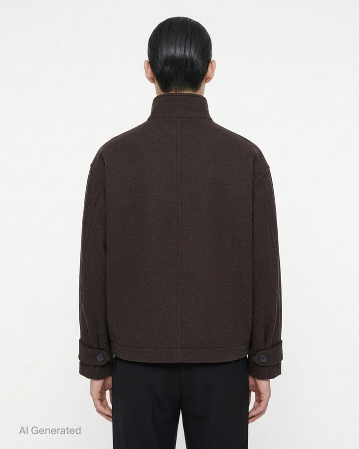 IM MEN Fuller Wool Blouson in black with stand collar, concealed button placket and slanted welt pockets, shown from the front - back