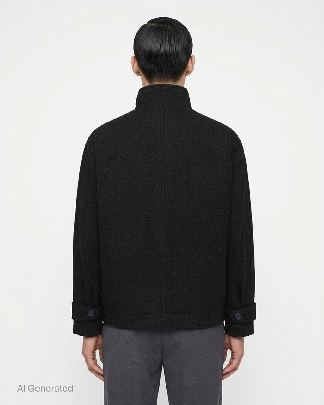 IM MEN Fuller Wool Blouson in black with stand collar, concealed button placket and slanted welt pockets, shown from the front - back