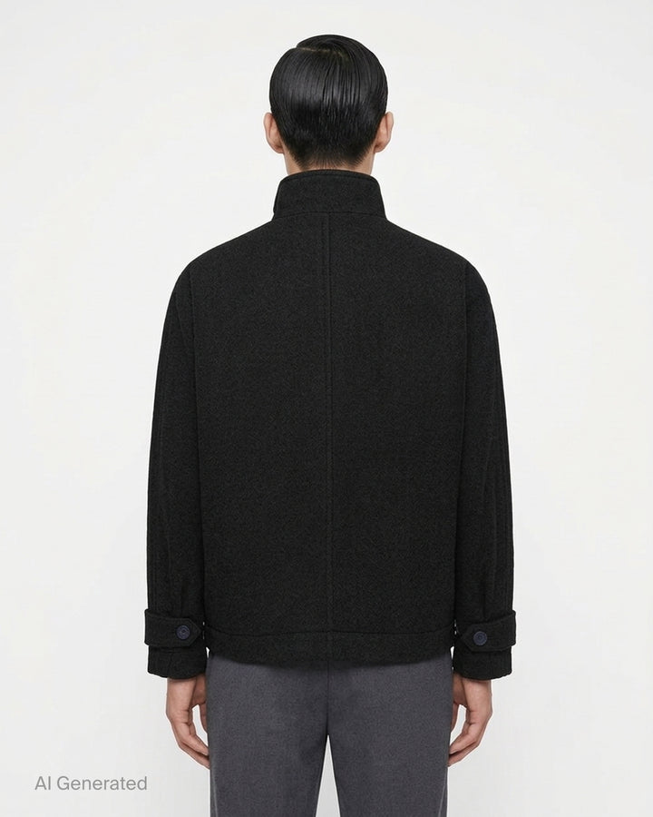 IM MEN Fuller Wool Blouson in black with stand collar, concealed button placket and slanted welt pockets, shown from the front - back