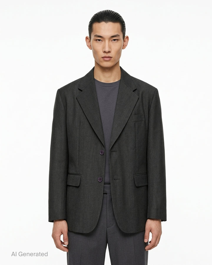 IM MEN Gradation Wool single-breasted charcoal jacket with notch lapels, flap pockets and patterned lining - front