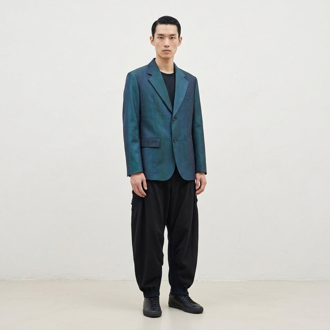 IM MEN Gradation Wool single-breasted charcoal jacket with notch lapels, flap pockets and patterned lining - lifestyle