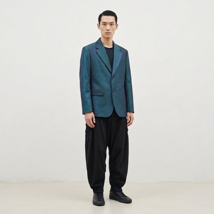 IM MEN Gradation Wool single-breasted charcoal jacket with notch lapels, flap pockets and patterned lining - lifestyle