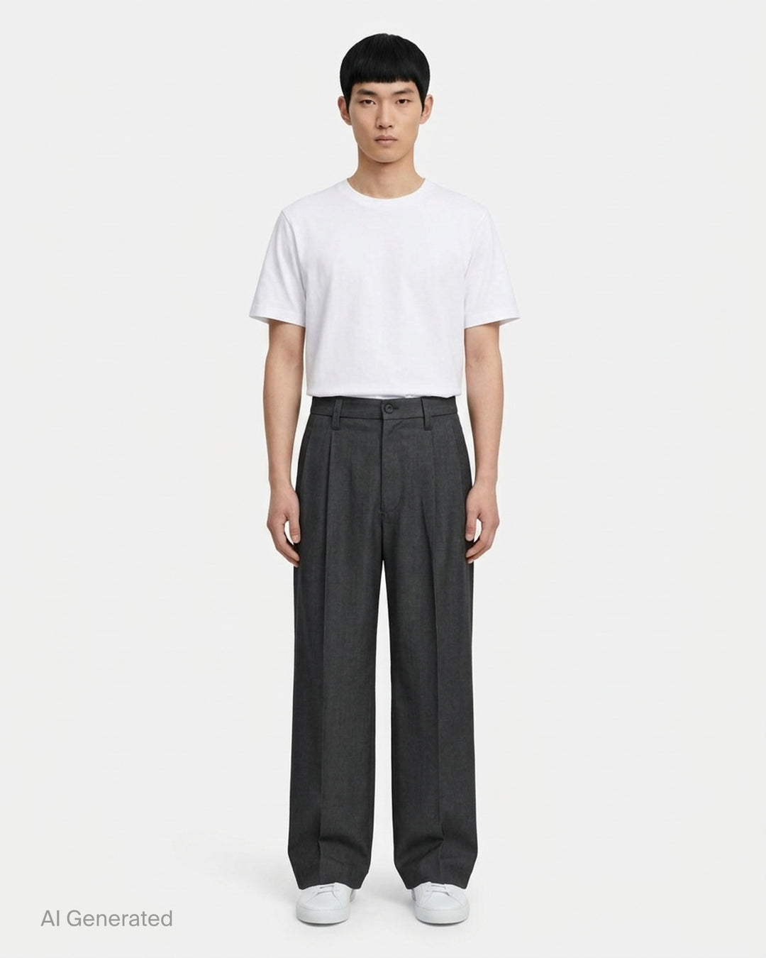 IM MEN Gradation Wool Pants in charcoal grey with front pleat, pressed crease and wide straight leg, shown from the front - front