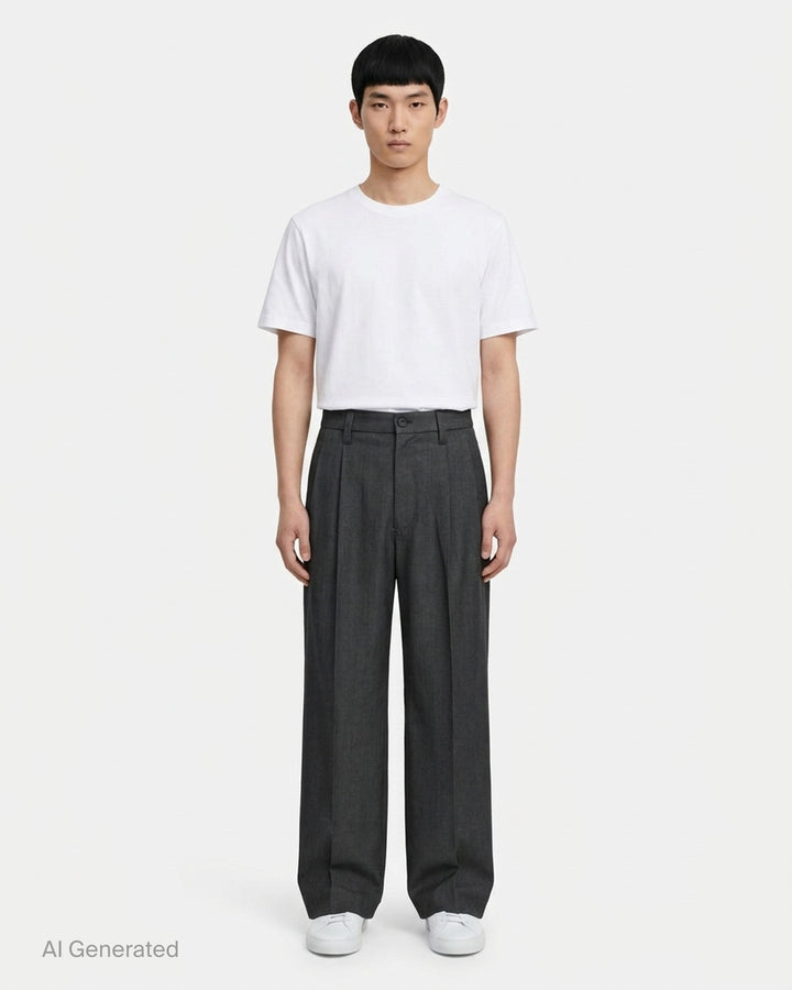 IM MEN Gradation Wool Pants in charcoal grey with front pleat, pressed crease and wide straight leg, shown from the front - front