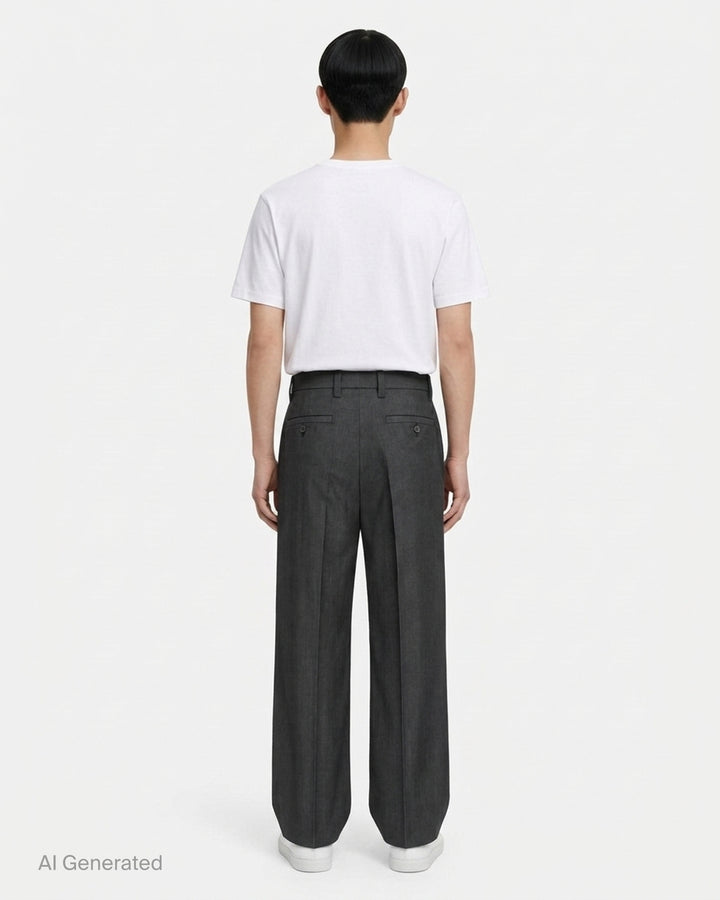 IM MEN Gradation Wool Pants in charcoal grey with front pleat, pressed crease and wide straight leg, shown from the front - back