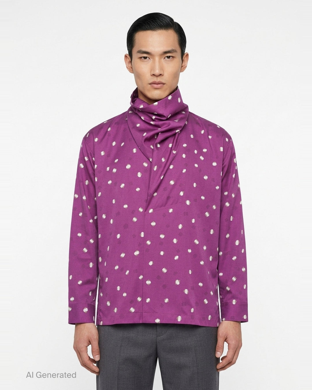 IM Men Merry Satin Shirt in vibrant purple featuring an all-over scattered geometric crystal print, a draped scarf collar, long sleeves with buttoned cuffs, and a chest patch pocket - front