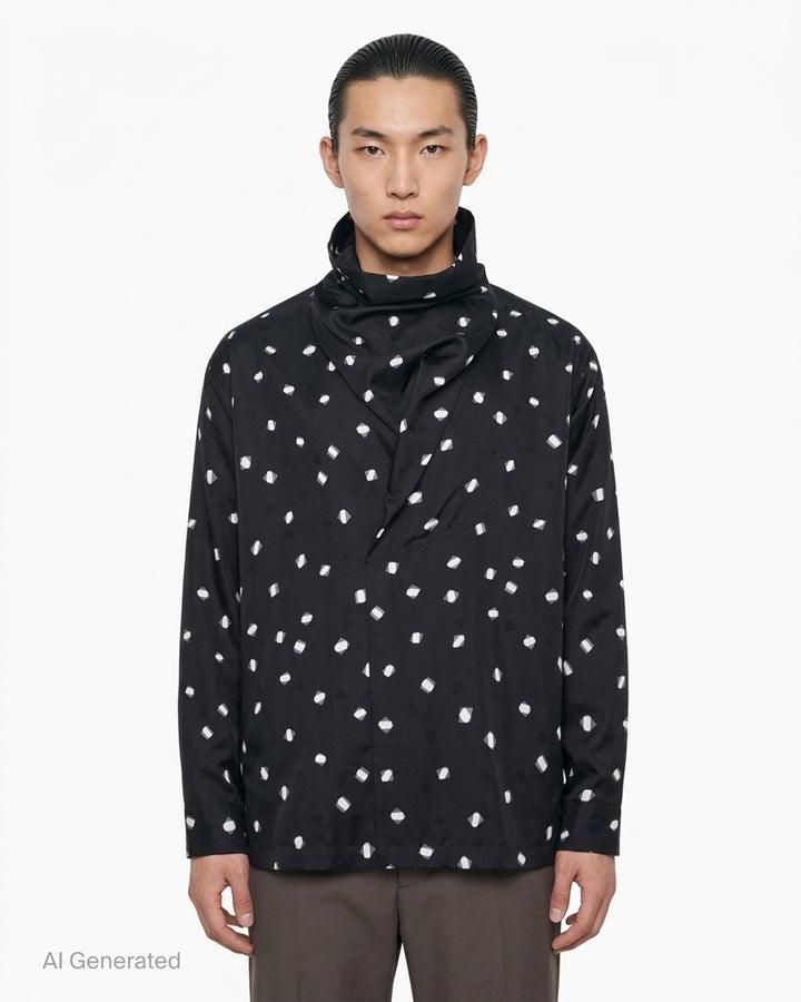 IM Men Merry Satin Shirt in vibrant purple featuring an all-over scattered geometric crystal print, a draped scarf collar, long sleeves with buttoned cuffs, and a chest patch pocket - front