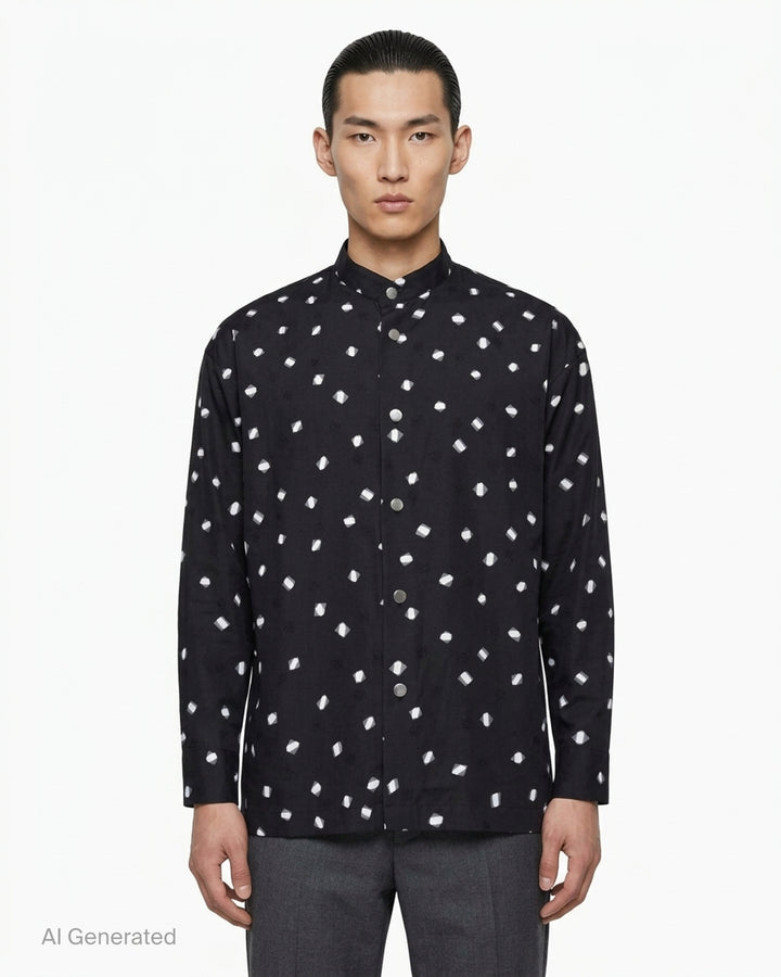 IM Men Merry Satin Shirt in taupe with all-over geometric confetti print, mandarin collar, and gold snap button front placket - front