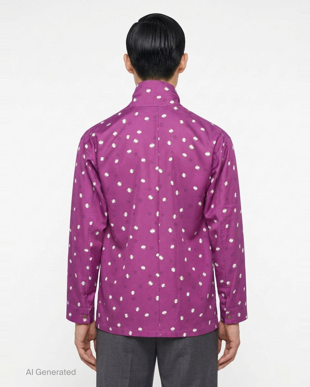 IM Men Merry Satin Shirt in vibrant purple featuring an all-over scattered geometric crystal print, a draped scarf collar, long sleeves with buttoned cuffs, and a chest patch pocket - back