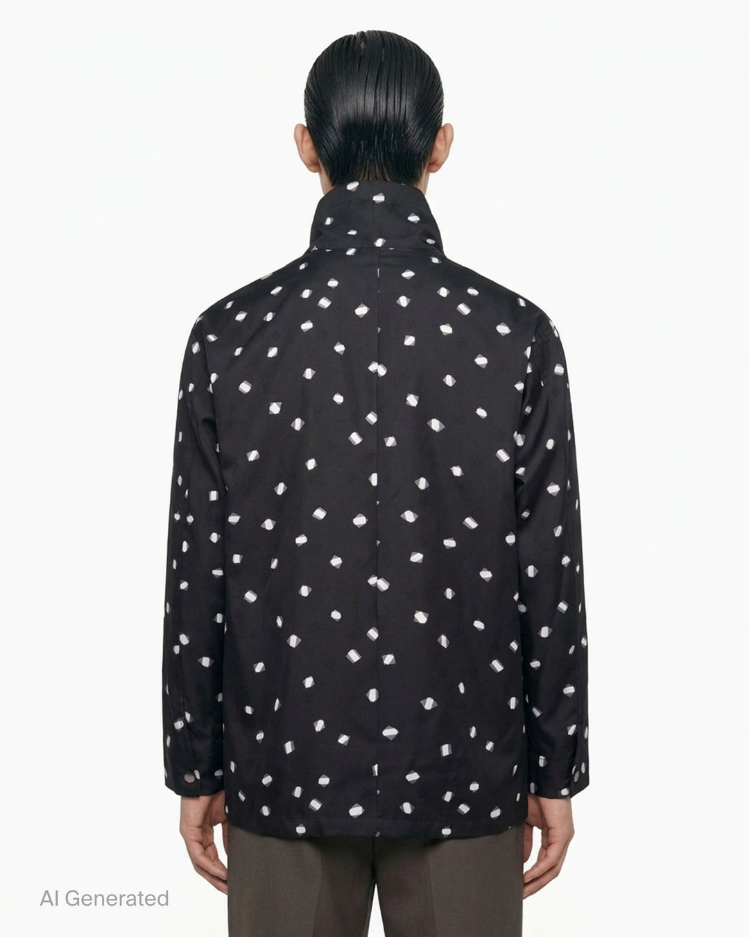 IM Men Merry Satin Shirt in vibrant purple featuring an all-over scattered geometric crystal print, a draped scarf collar, long sleeves with buttoned cuffs, and a chest patch pocket - back