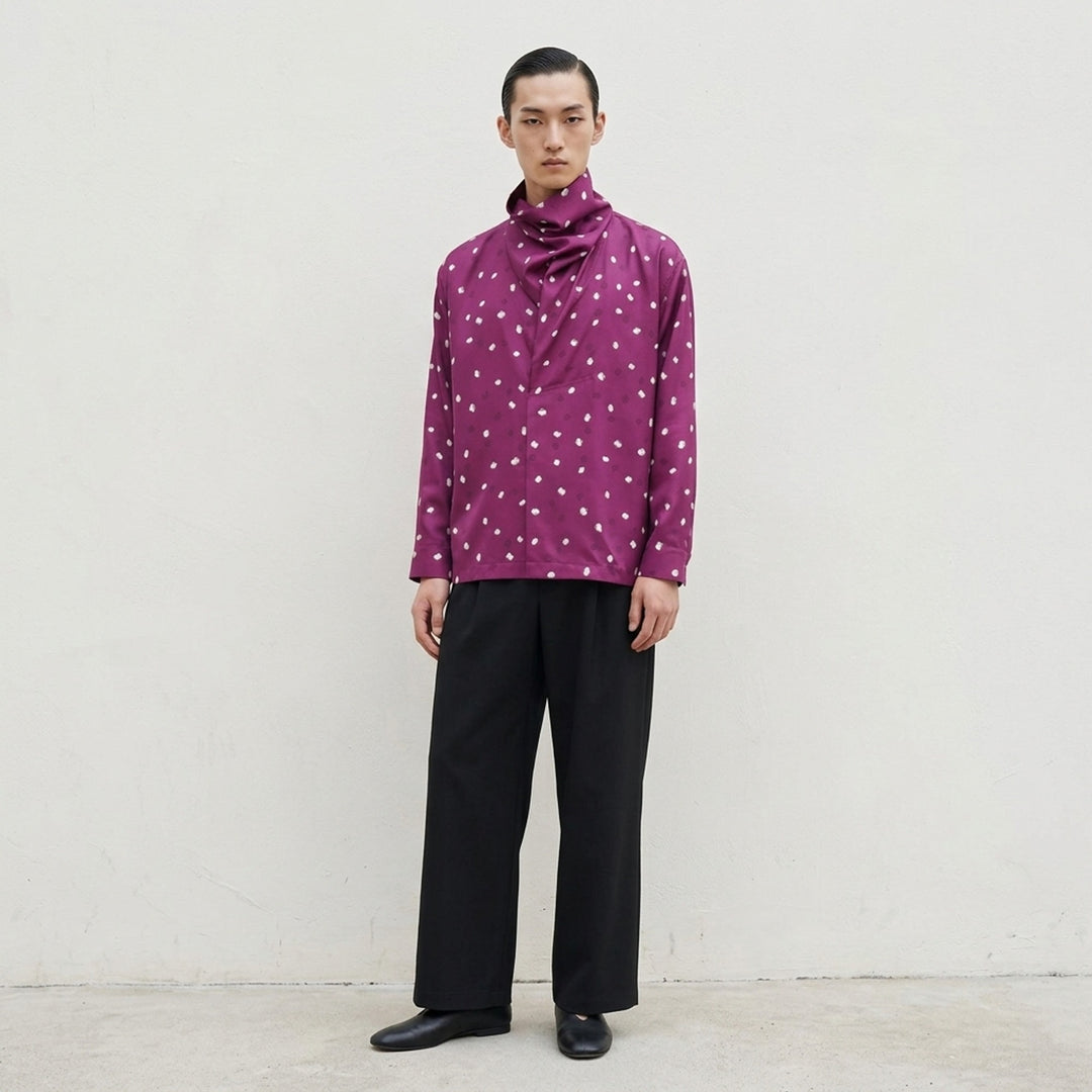 IM Men Merry Satin Shirt in vibrant purple featuring an all-over scattered geometric crystal print, a draped scarf collar, long sleeves with buttoned cuffs, and a chest patch pocket - lifestyle