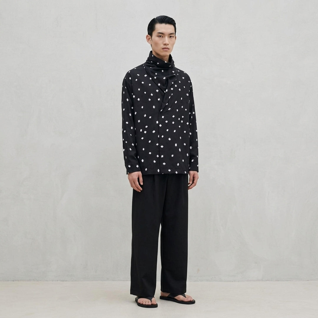 IM Men Merry Satin Shirt in vibrant purple featuring an all-over scattered geometric crystal print, a draped scarf collar, long sleeves with buttoned cuffs, and a chest patch pocket - lifestyle