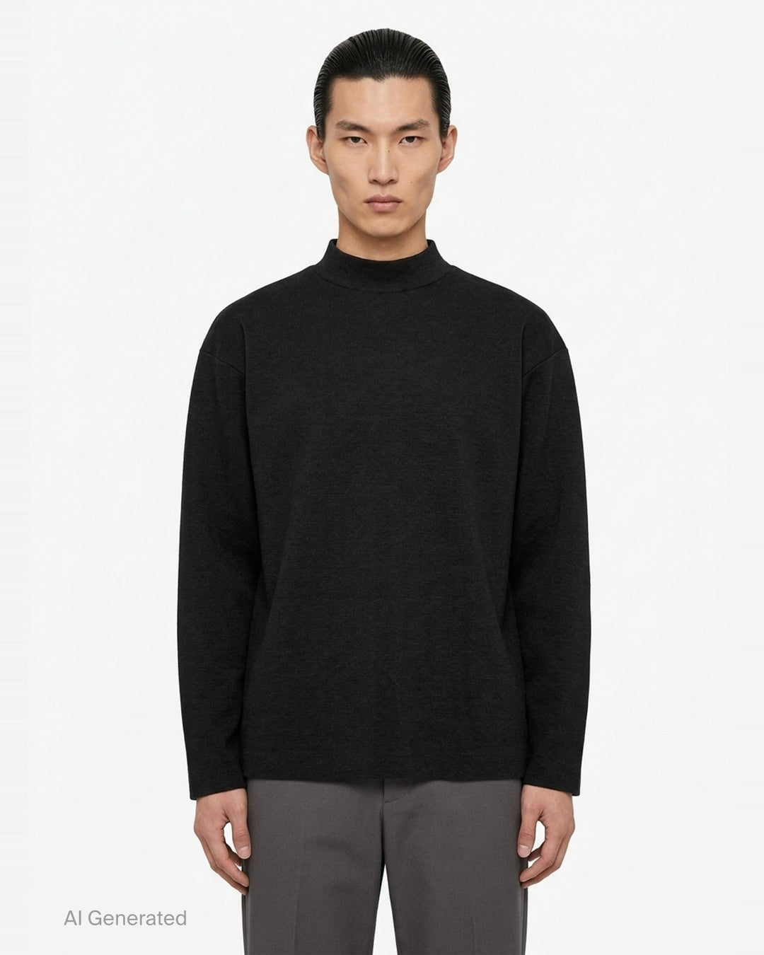 IM MEN MONO-MILANO black long-sleeve Milano knit top with mock turtleneck collar and relaxed oversized silhouette, front view - front