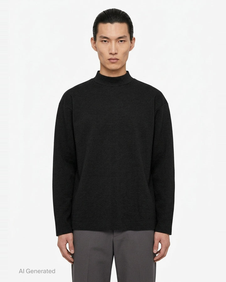 IM MEN MONO-MILANO black long-sleeve Milano knit top with mock turtleneck collar and relaxed oversized silhouette, front view - front