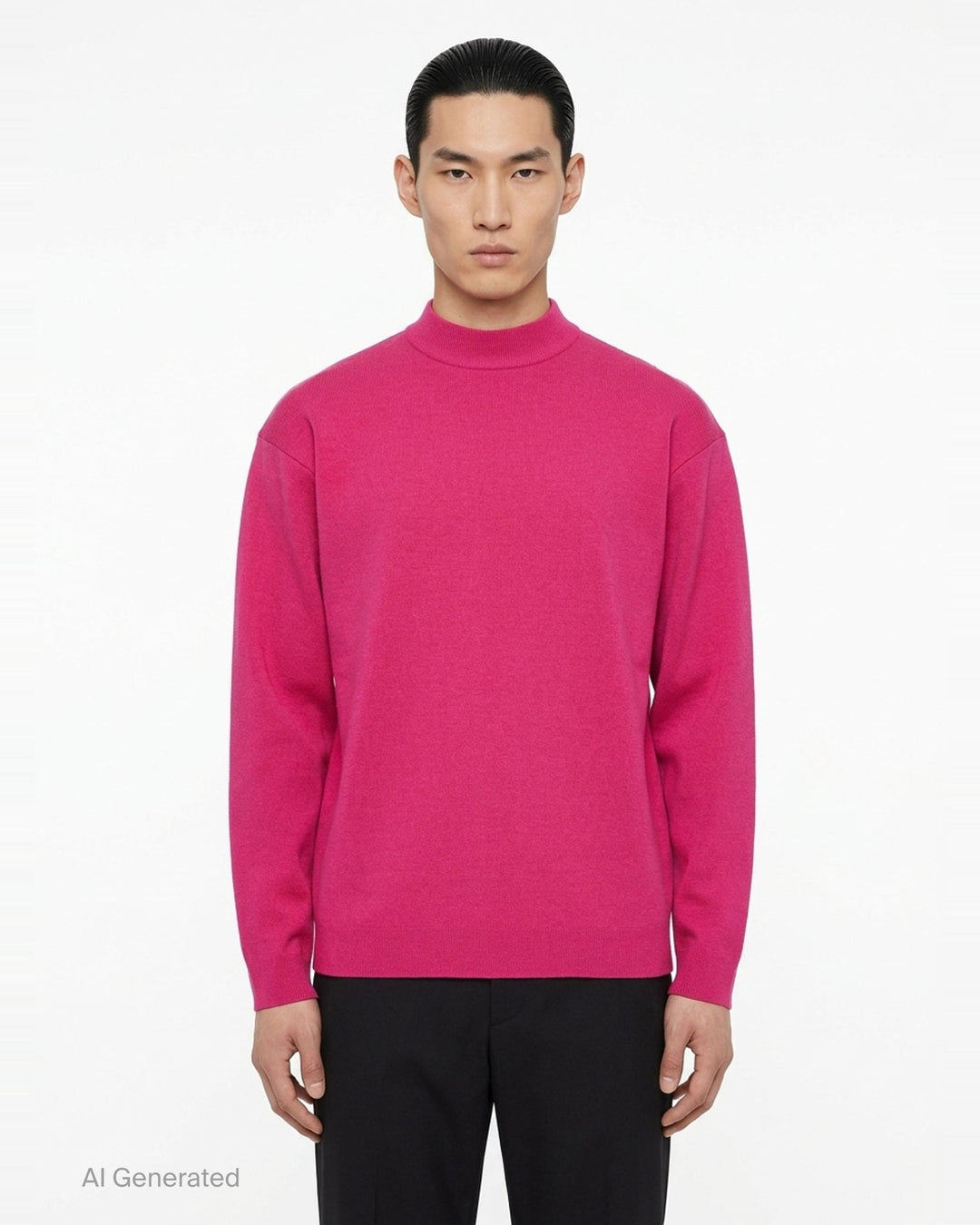 IM MEN MONO-MILANO black long-sleeve Milano knit top with mock turtleneck collar and relaxed oversized silhouette, front view - front